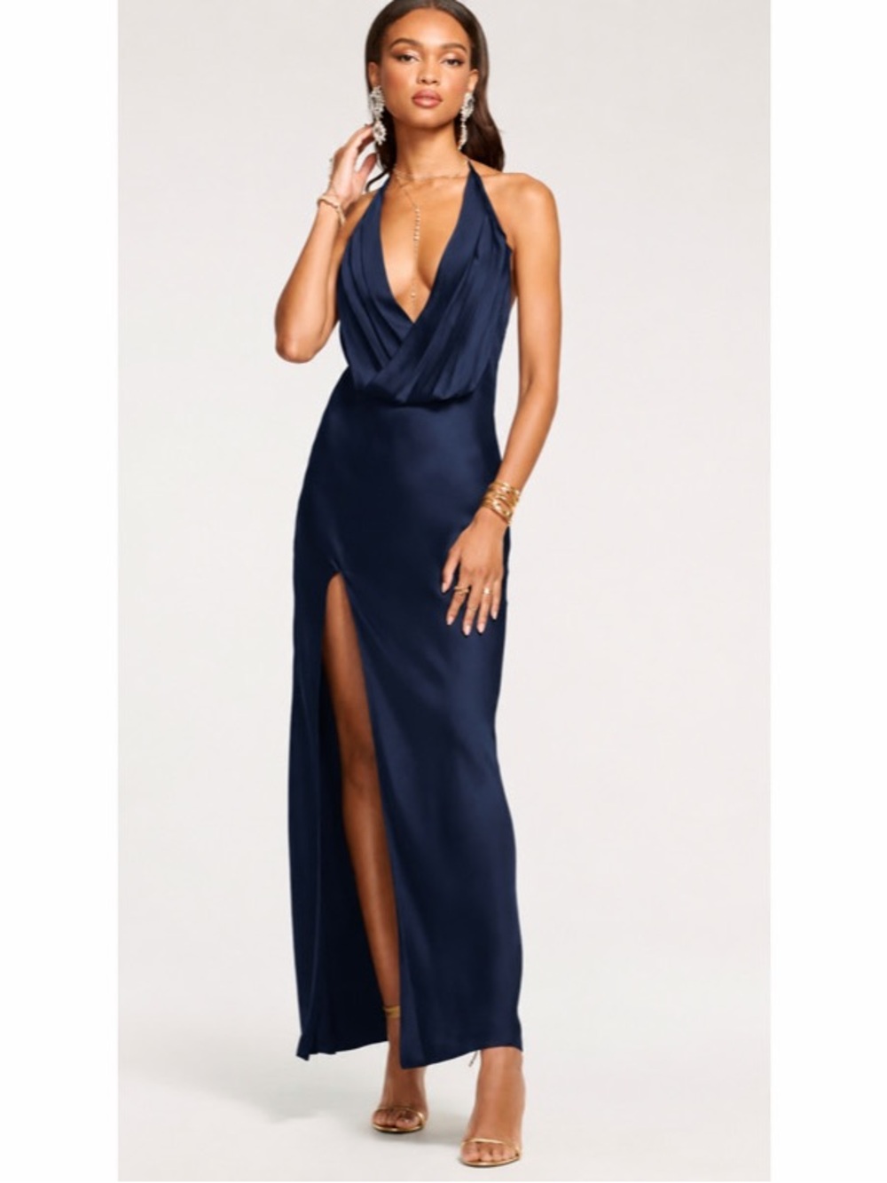 Ramy Brook Valentina Plunging Halter Gown Navy Sleeveless Zip Closure Size 12‎
